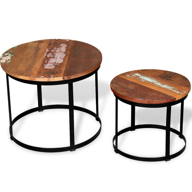 Vintage Charm Industrial Round Coffee & Side Table Set in Polished Wood & Metal