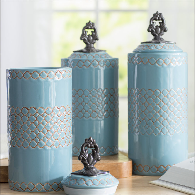 Elegant Blue Antique Ceramic Kitchen Canister 3-Piece Set