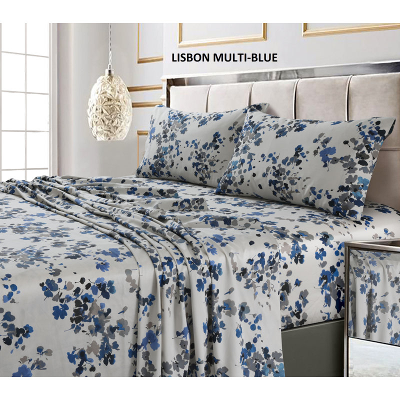 Twin XL Blue Floral Print Cotton Sateen Sheet Set