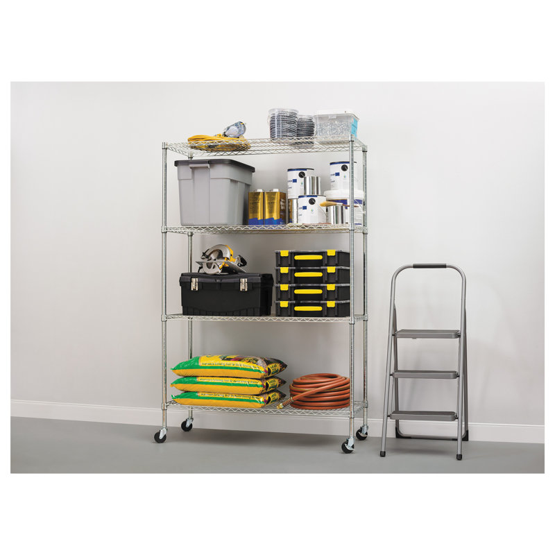 Silver Steel 4-Shelf Mobile Storage Rack with Casters
