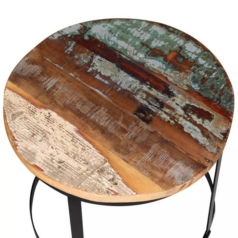 Vintage Charm Industrial Round Coffee & Side Table Set in Polished Wood & Metal