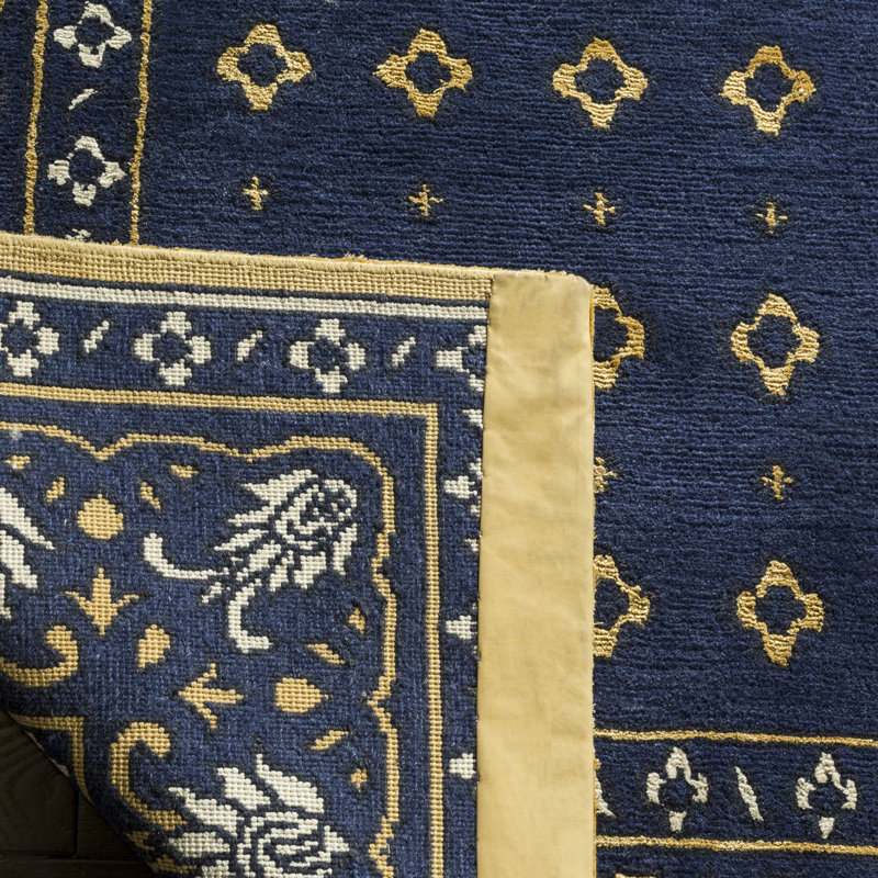 Indigo and Beige Geometric Hand-Knotted Wool Silk Rug, 6' x 9'
