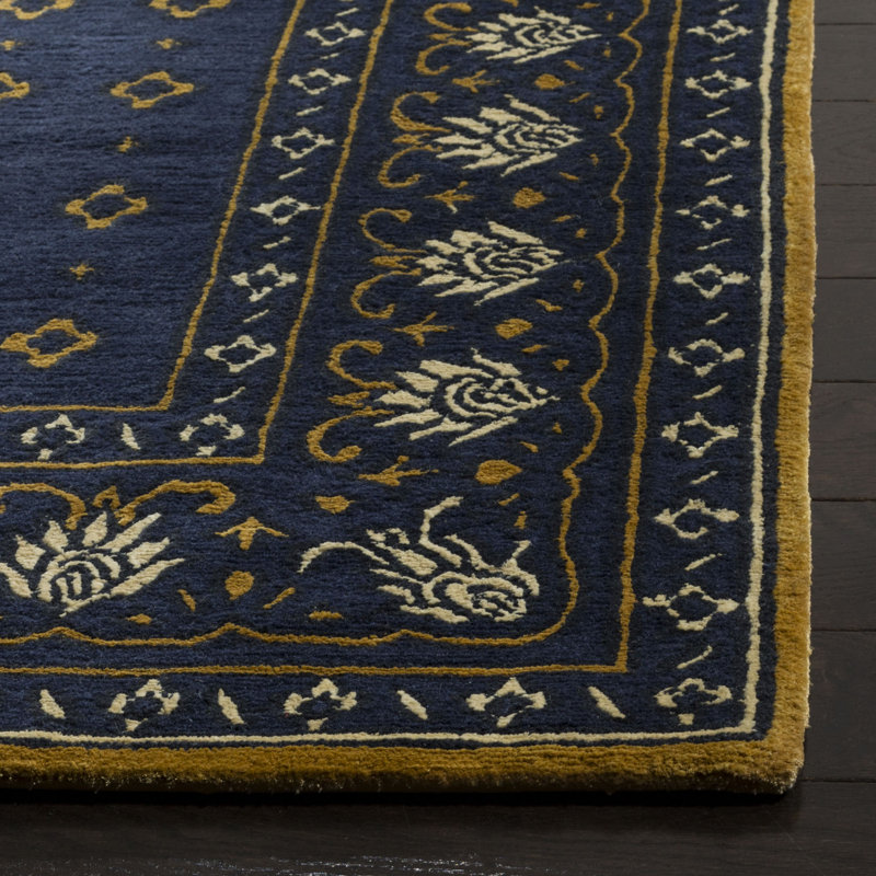 Indigo and Beige Geometric Hand-Knotted Wool Silk Rug, 6' x 9'