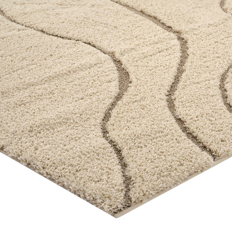 Elegant Creame and Beige 5'x8' Abstract Swirl Shag Rug