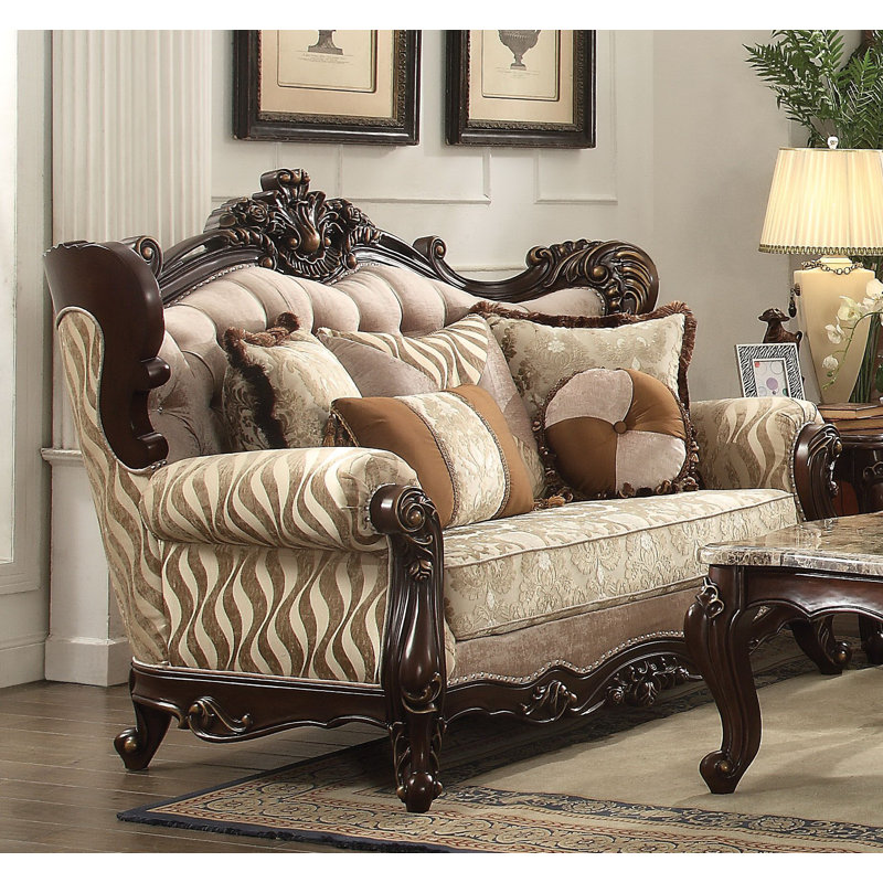 Elegant Tufted Fabric & Walnut 70'' Loveseat with Nailhead Trim