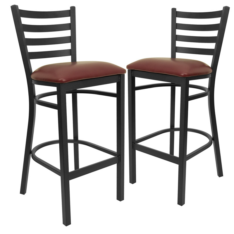 Red Metal and Wood Ladder Back Barstool with Vinyl Seat