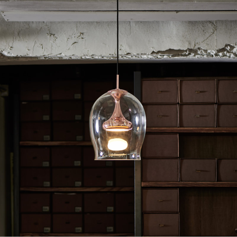 Elegant Copper Moai LED Pendant Light with Teardrop Glass Shade