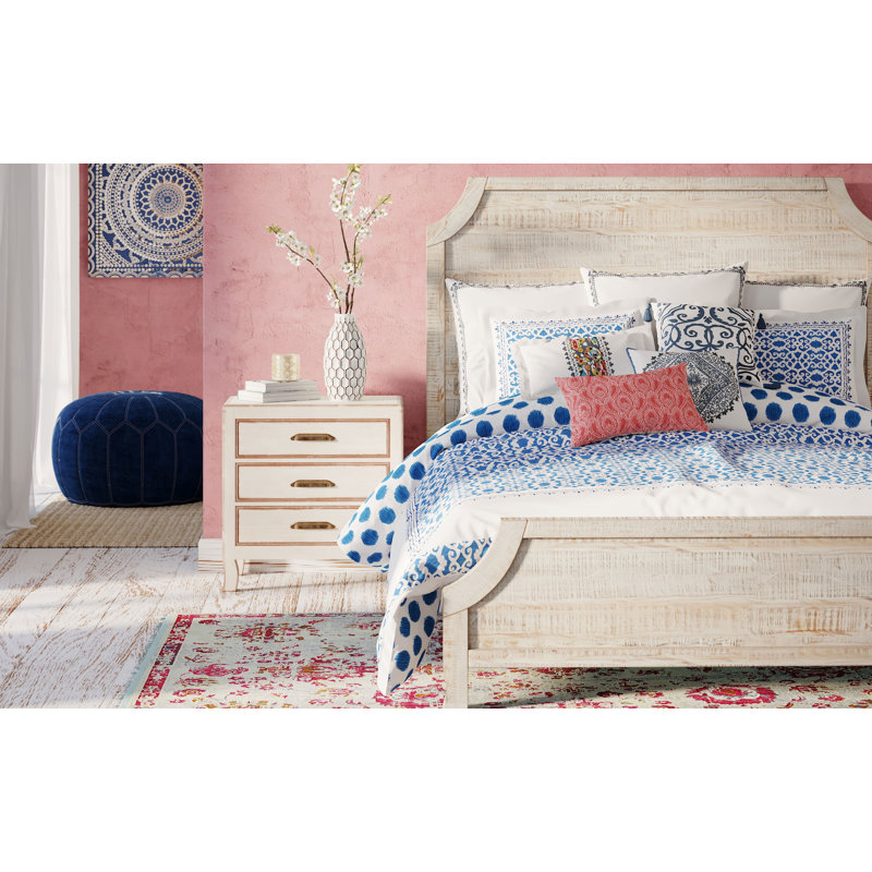 Blue Floral Oversized Round Pouf Ottoman with White Stitching