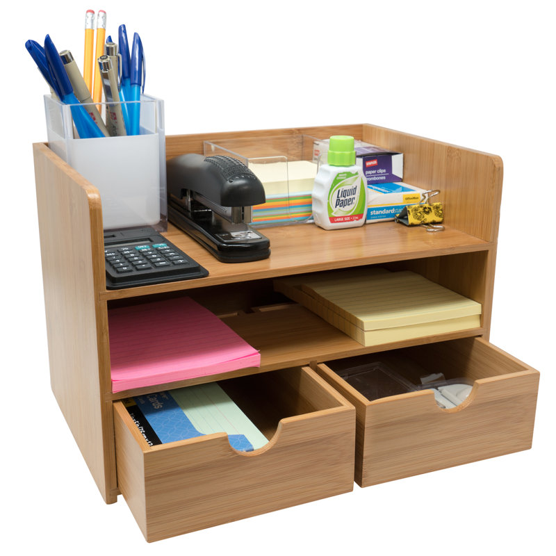 Antique Bamboo Wood Desk Organizer with 3 Drawers and Top Shelf