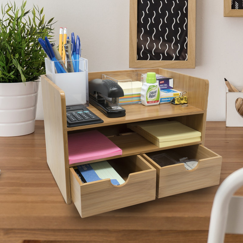 Antique Bamboo Wood Desk Organizer with 3 Drawers and Top Shelf