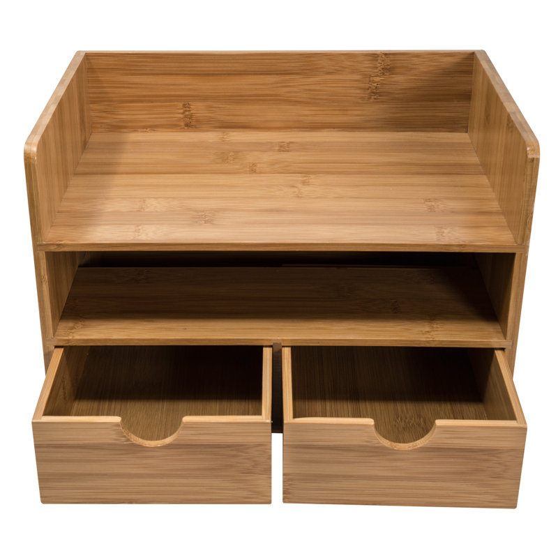 Antique Bamboo Wood Desk Organizer with 3 Drawers and Top Shelf