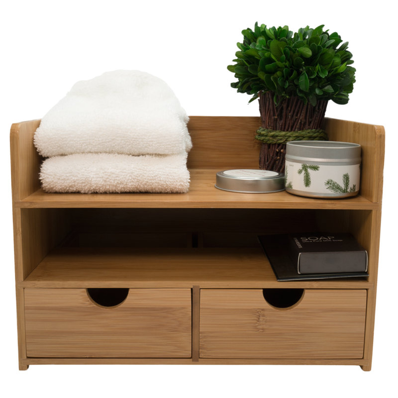 Antique Bamboo Wood Desk Organizer with 3 Drawers and Top Shelf