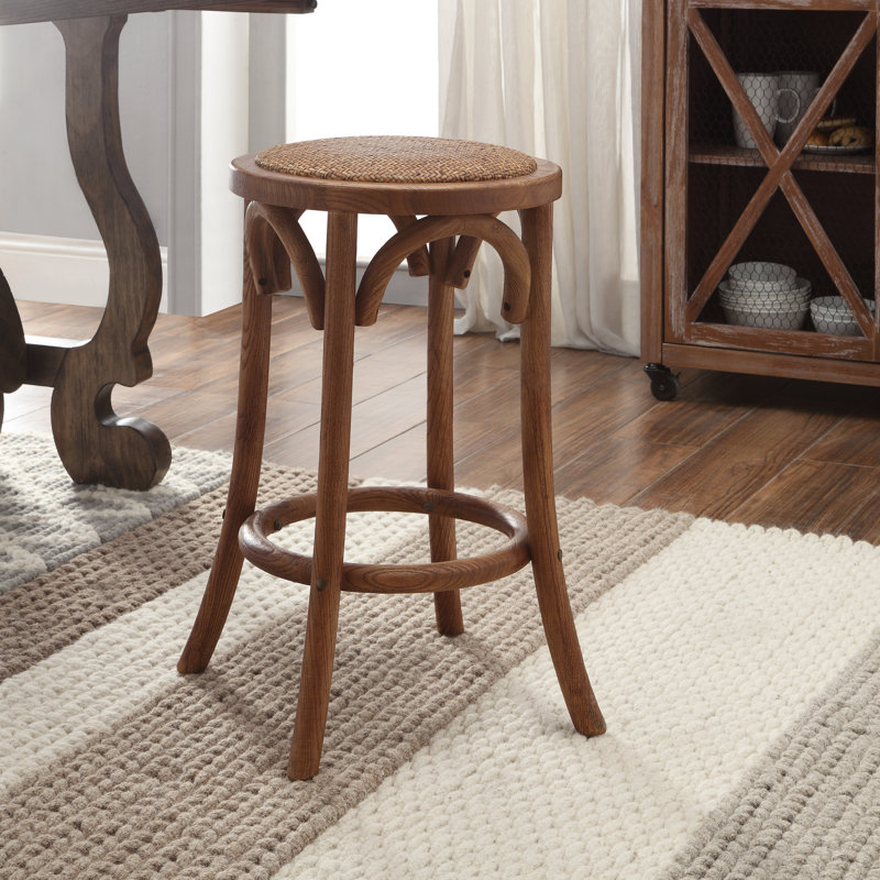 Walnut Brown Elm Wood & Rattan 24" Backless Counter Stool
