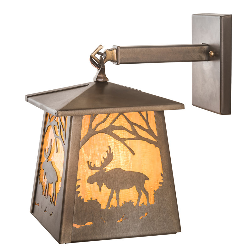 Antique Copper 12.5" Direct Wired Electric Sconce with Amber Shade