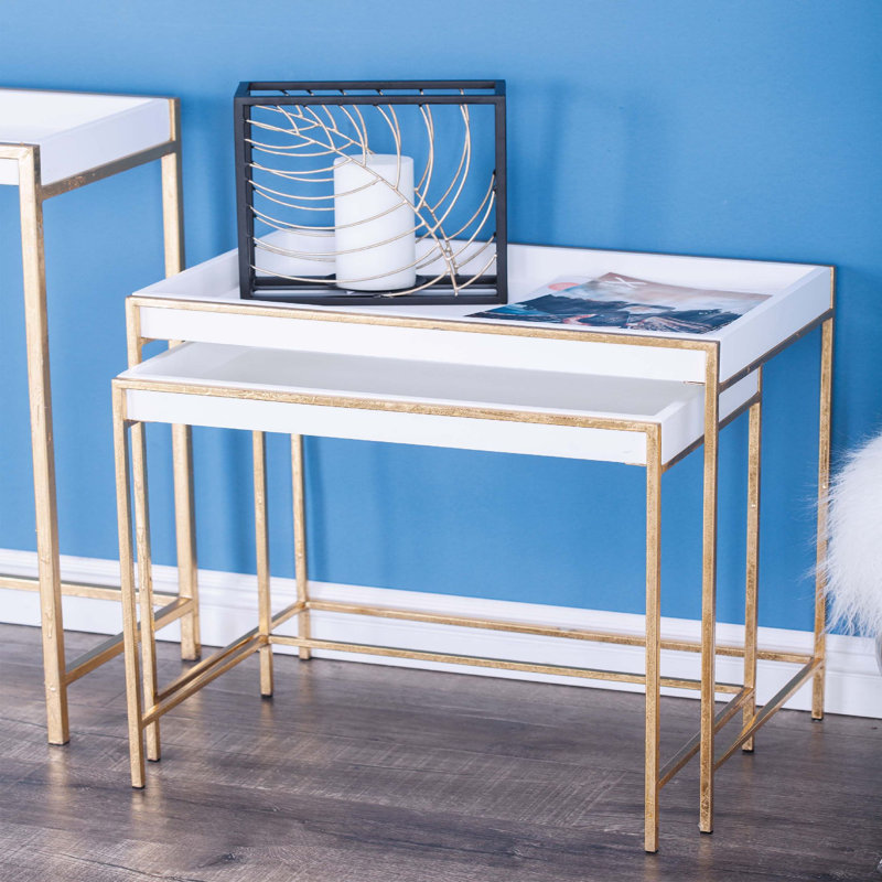 White and Gold Polished Nesting Console Tables, Set of 2