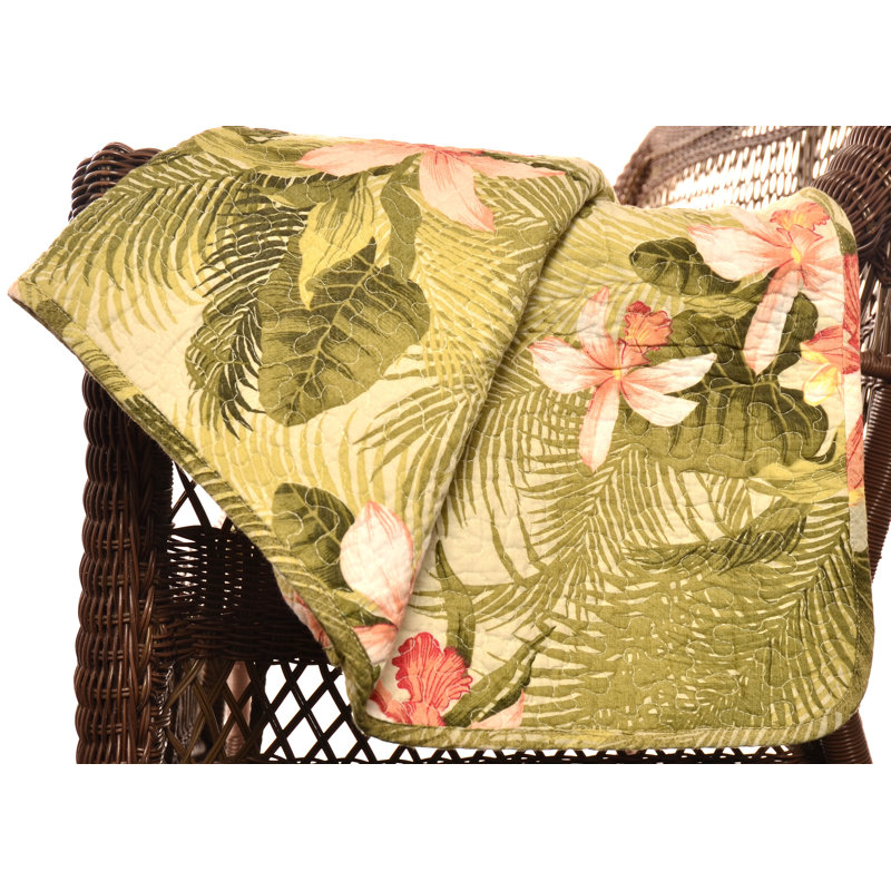 Tropical Orchid Green Cotton Reversible Throw Blanket