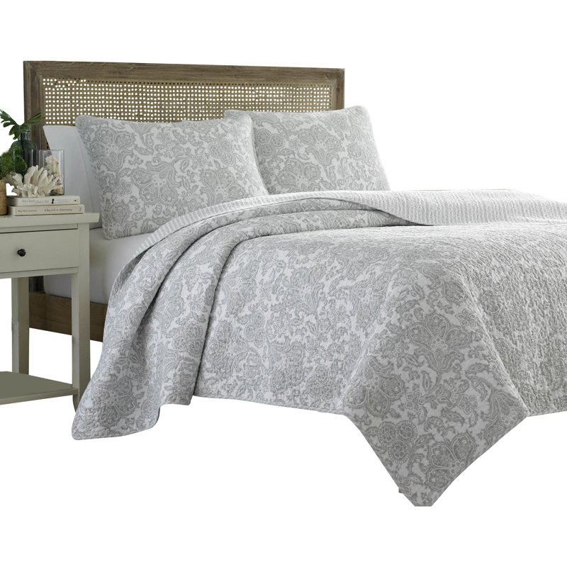 Gray Floral Cotton Reversible Full/Queen Quilt Set