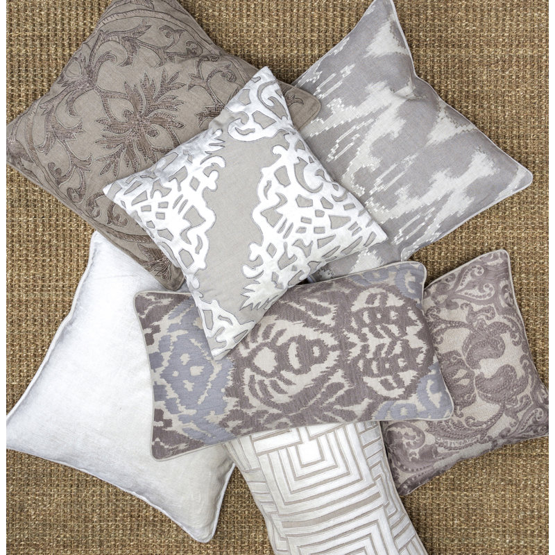 Gray Linen Square Ikat Embroidered Throw Pillow