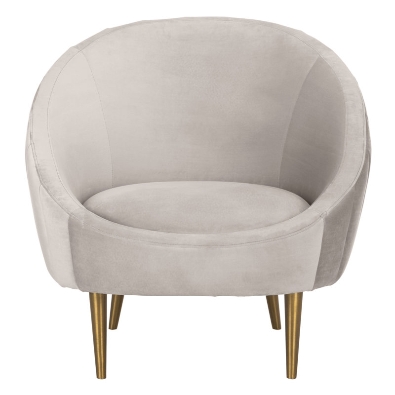 Transitional Pale Taupe Velvet Barrel Arm Chair with Wood Accents