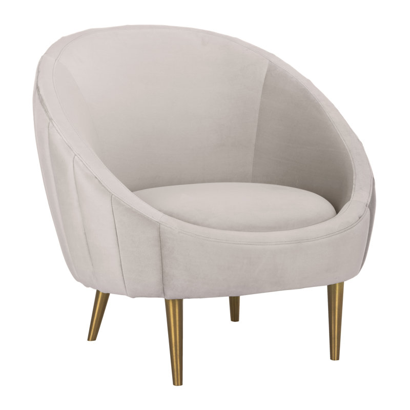 Transitional Pale Taupe Velvet Barrel Arm Chair with Wood Accents