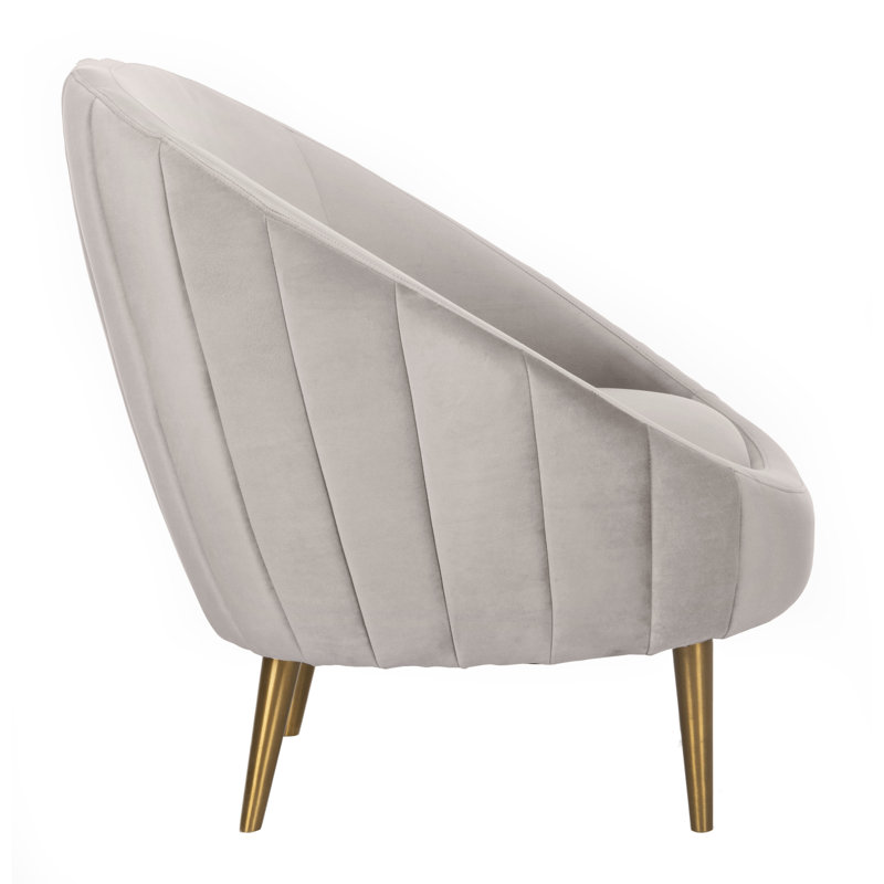 Transitional Pale Taupe Velvet Barrel Arm Chair with Wood Accents