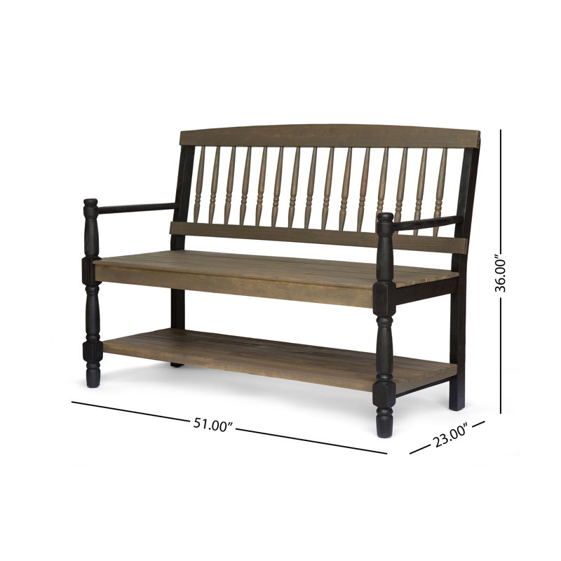 Gray and Black Acacia Wood Farmhouse Bench with Shelf