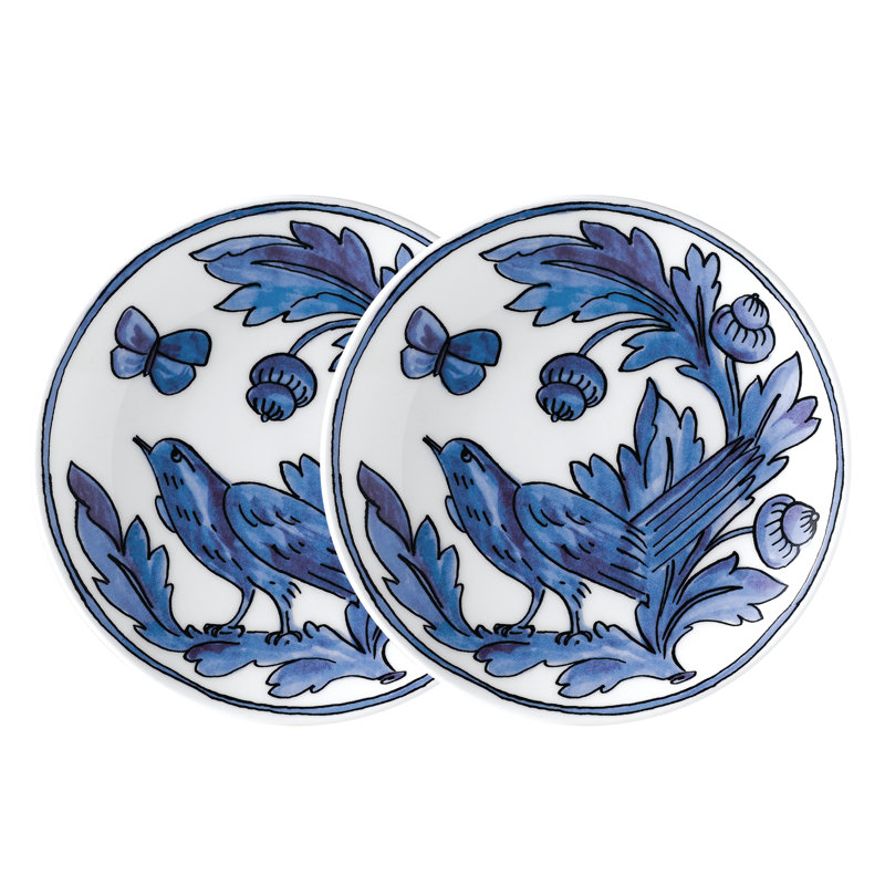 Blue Bird Porcelain Bread Plates with Floral Print, Set of 2
