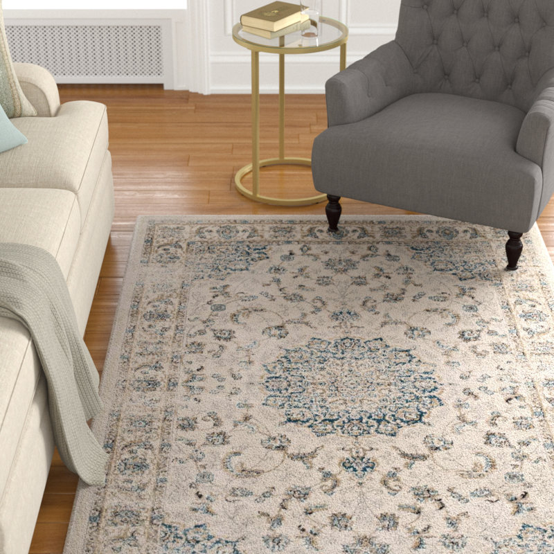 Atara Teal & Beige Distressed Medallion 5x8 Synthetic Area Rug
