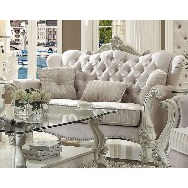 Elegant Ivory Velvet Loveseat with Nailhead Trim and Floral Details