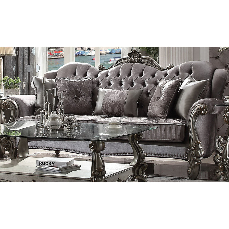 Versailles Antique Platinum 100'' Velvet Tufted Sofa with Nailhead Trim