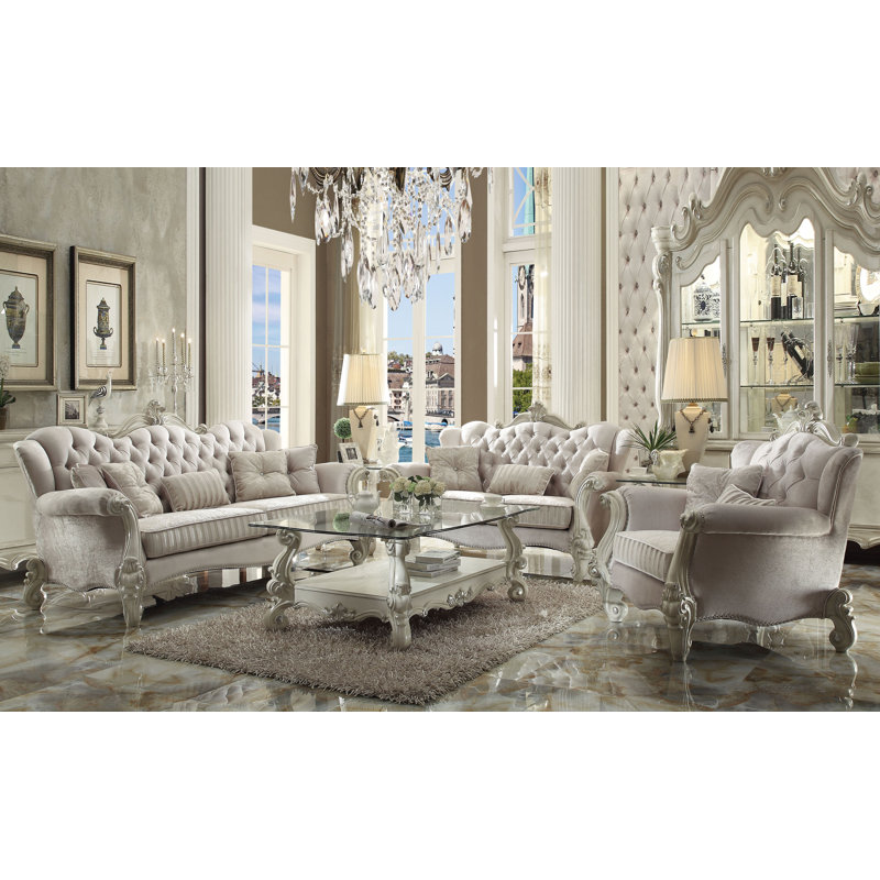 Elegant Ivory Velvet Loveseat with Nailhead Trim and Floral Details
