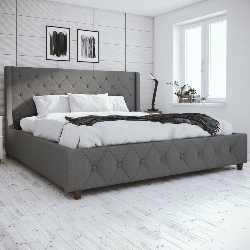 King Gray Linen Tufted Upholstered Bed with Metal Frame