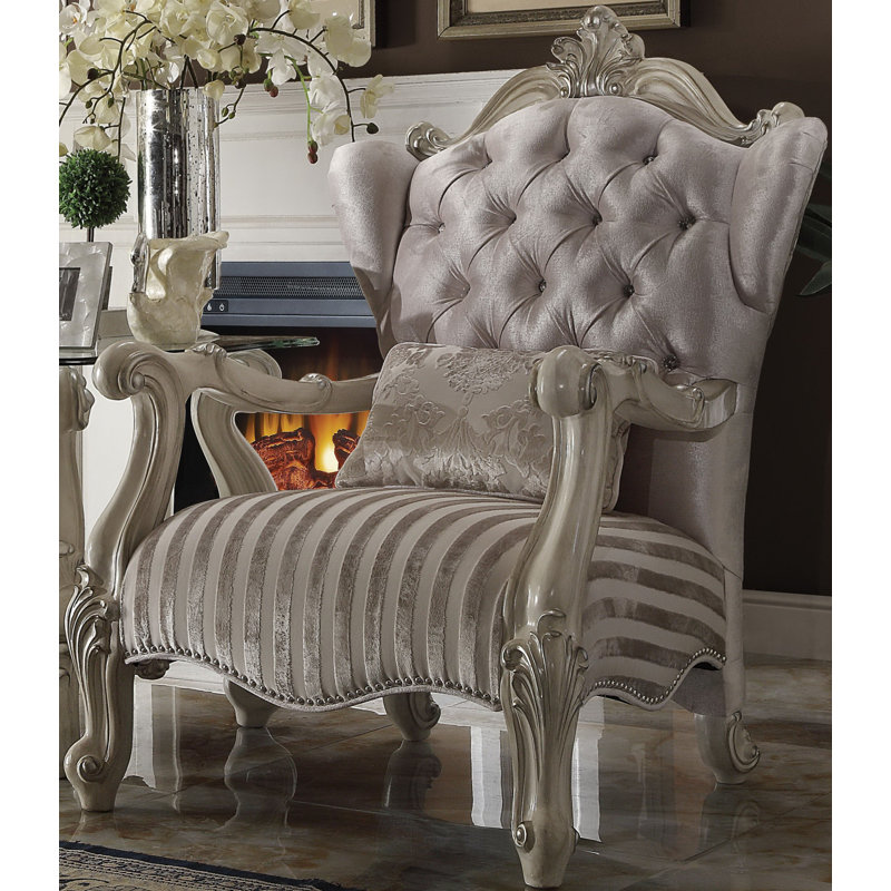 Elegant Crescent Bone White Velvet Accent Chair with Wood Accents