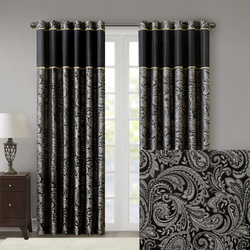 Black Faux Silk Jacquard Light-Filtering Curtain Panel Pair