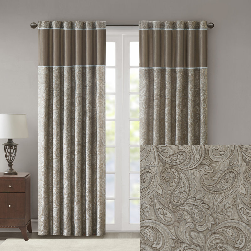 Extended Blue Faux Silk Jacquard Drapes with Trim