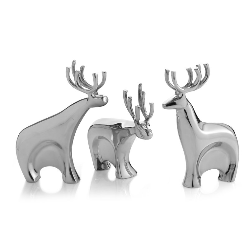 Lustrous Winter Deer Figurine Trio in Nambe Metal
