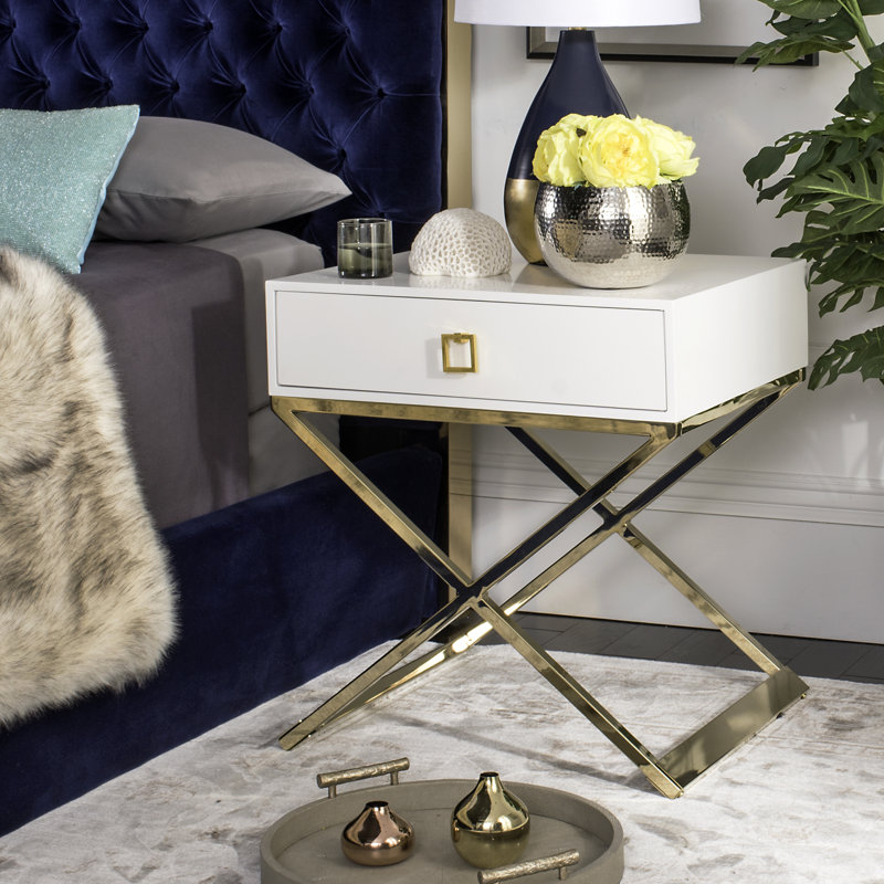 White Rectangular Wood and Metal End Table with Storage