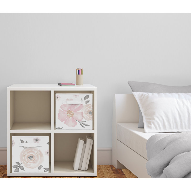 Pink and Gray Watercolor Floral Foldable Fabric Storage Cubes