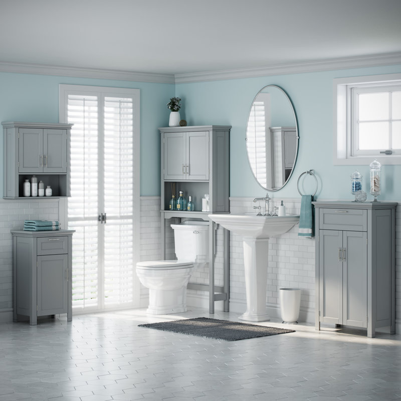 Transitional Gray Engineered Wood Over-the-Toilet Storage with Adjustable Shelves
