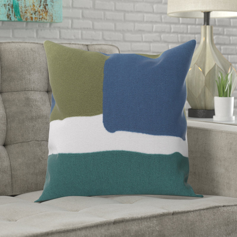Teal and Lime Cotton Embroidered Square Pillow Cover