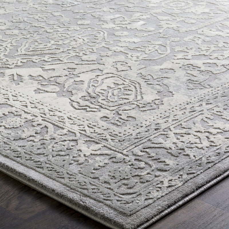 Round Ivory and Gray Synthetic Stain-Resistant Rug, 5'3"