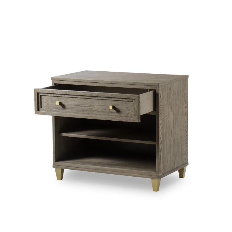 Pebble Gray Oak 1-Drawer Nightstand with Brass Accents