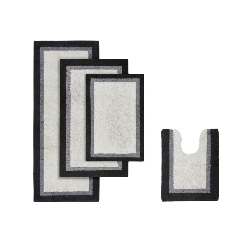 Gray and Navy Cotton Tufted Border Bath Rug