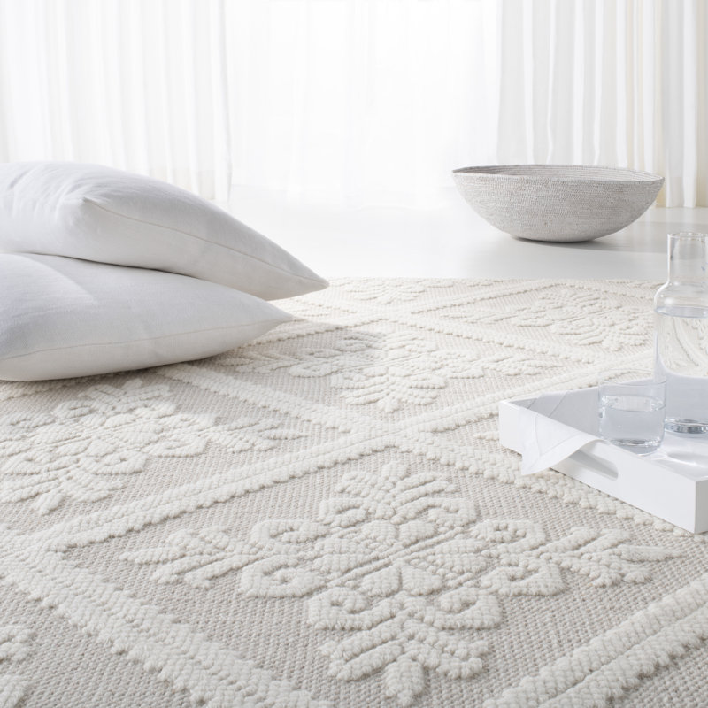 Elegant Ivory Hand-Knotted Wool-Cotton Blend Area Rug, 10' x 14'