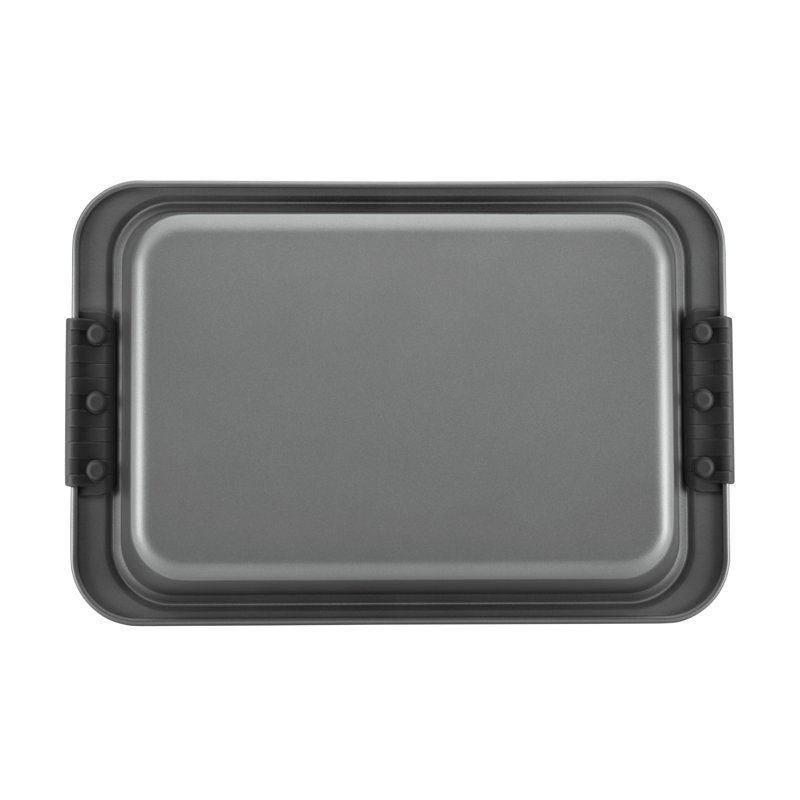 Gray Nonstick Rectangular Cake Pan with Silicone Grips and Lid
