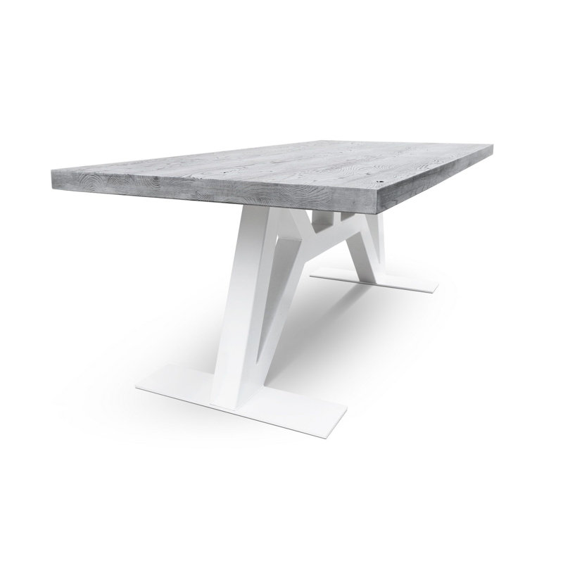 Gray Solid Wood Rectangular Dining Table with White Metal Base