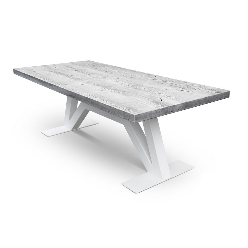Gray Solid Wood Rectangular Dining Table with White Metal Base