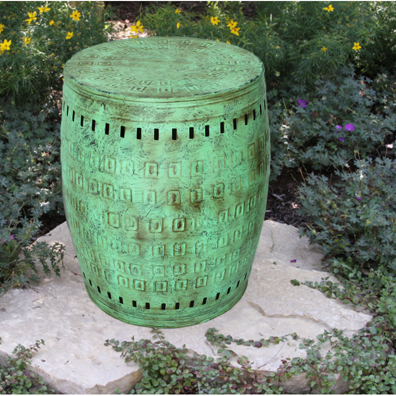 Large Green Distressed Metal Drum Stool Table