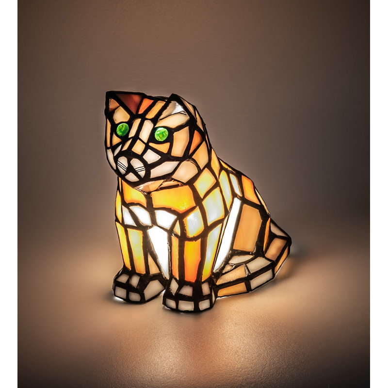 7" Charming White & Orange Stained Glass Cat Accent Lamp