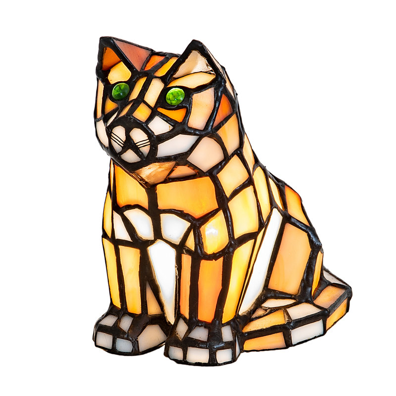 7" Charming White & Orange Stained Glass Cat Accent Lamp